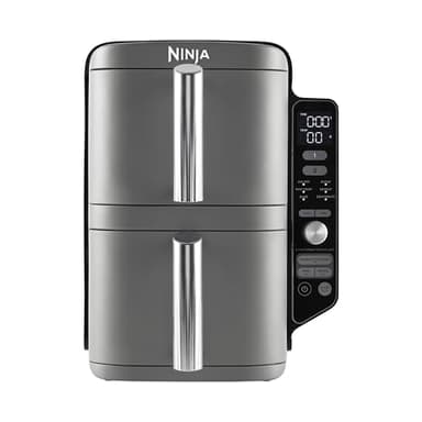 Ninja Double Stack XL Freidora de aire, 9,5 l, Doble cesta vertical, 4 niveles de cocción, 2 cestas y 2 rejillas, diseño para ahorrar más espacio, 6 funciones de cocción, 8 porciones, en gris, SL400EU