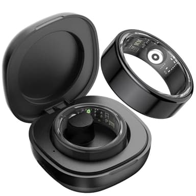 DekeFit Anillo Inteligente Hombre Mujer con Estuche de Carga, para Monitorear el Sueño/Pulsometro/SpO2, 100+ Modos Deportivos IP68 Impermeable Smart Ring Activity Tracker Android iOS, Tamaño 9, Negro