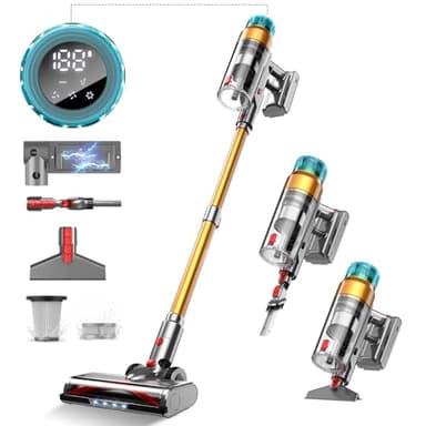 EUARY 55KPa/600W Aspiradora sin Cable, Aspiradora Sin Cable Potente hasta 55Mins, con Carga de Pared Smart Screen, Cepillo Antienredos Alfombra Pelo Mascota Suelo Sofá