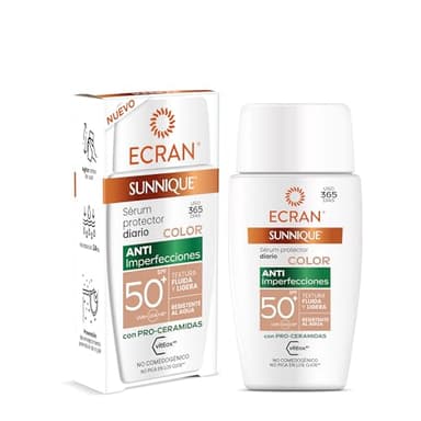 ECRAN Sunnique Sérum Anti-Imperfecciones - Protección Solar y Cuidado Facial - Sérum Facial Protector con Color - Unifica el Tono y Corrige Rojeces - Textura Ligera - Resistente al Agua - 40 ml