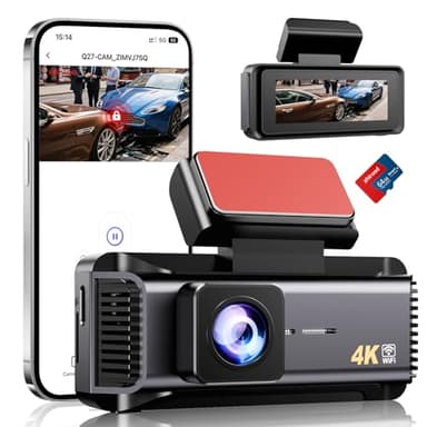 Dashcam, 4K WiFi Dash CAM Coche, Camara Coche con Pantalla IPS de 2.99", Camara Coche Grabadora con Tarjeta 64G, Super Visión, Gran 170°, Sensor G, App, Monitor de Aparcamiento, Grabación de Bucle
