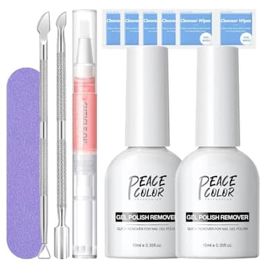 PEACECOLOR 2PCS Removedor Esmalte Semipermanente, 10ML Quita Esmalte Semipermanentes para Uñas con Lima de Uñas, Empujador de Cutícula y Aceite Cuticulas para Pintauñas Semipermanentes