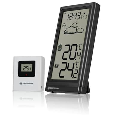 Bresser Meteo Estación radiocontrolada con sensor exterior, termómetro con indicador de temperatura para interior y exterior, previsión meteorológica, con soporte plegable y soporte de pared, negro