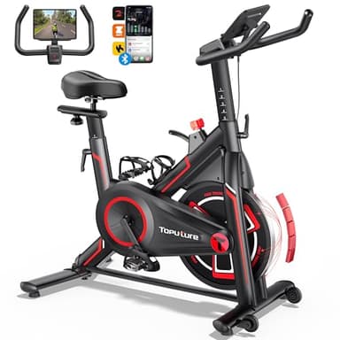 Toputure Bicicleta Estatica Magnética con APP, Bicicleta de Spinning Ultral Silenciosa con Volante 15KG, Asientos Cómodos y LCD Pantallas, Soporte para Tableta, Ejercicio en Casa, MAX150KG