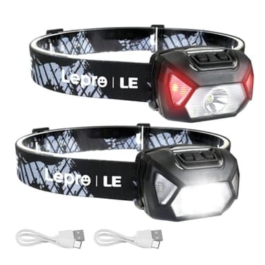 LEPRO Linterna Frontal LED Recargable 2000lux (2 Pack), Linterna Cabeza USB Recargable D500, 6 Modos de Luz con Luz Rojo, Impermeable IPX4, Luz Frontal Cabeza para Correr, Camping, Excursión, Pesca
