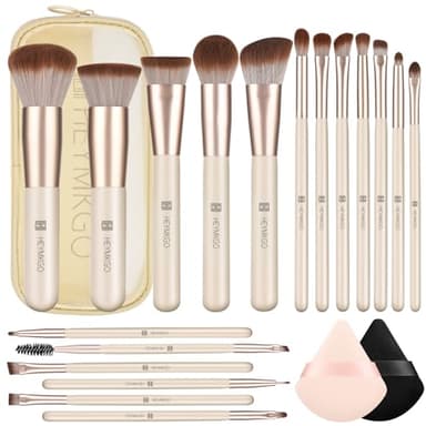HEYMKGO 18 Brochas de Maquillaje Profesional con 2 Difusores y Bolsa de Viaje, Pinceles Sintéticos Premium para Maquillaje en Polvo, Coloretes, Sombras de Ojos, Pinceles de Maquillaje