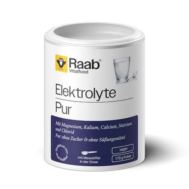 Raab Vitalfood Electrolitos Pur (170 g) - Electrolitos sin azúcar y sin edulcorantes, perfecto para deportistas en caso de pérdida de líquidos, vegano, con cuchara medidora, para músculos, nervios