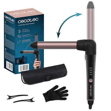 Cecotec Rizadores de pelo manual SurfCare TwistWaves. Rizador de pelo de 25 mm con codo de 90 grados para mayor comodidad, incluye guante térmico, estuche y 2 clips.