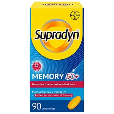 Supradyn Memory 50+ Multivitaminas Para La Memoria Y Concentración, Vitaminas, Vitamina C, Minerales, Ginseng, Zinc, Sin Glúten, Sin Lactosa, Naranja, Amarillo, 90 Comprimidos