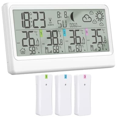 Estacion Meteorologica Inalámbrica Con 3 Sensores, Termómetro Higrómetro Barómetro Interior Exterior Pantalla LED De 8.5', Reloj Atómico Pronóstico Del Tiempo Temperatura Humedad Reloj Digital Alarma