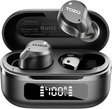 TOZO Hybrid Auriculares Inalámbricos Bluetooth 5.3 con Híbrida ANC 6 Mics ENC ORIGX 2.0 Acústico EQs Ajuste 59H Reproducción LED Pantalla USB Tipo C IPX8 Negro