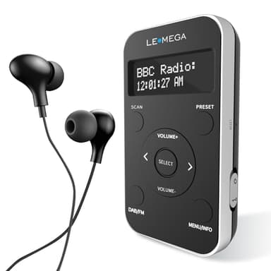 LEMEGA PR1L Radio Dab de Bolsillo, Radio FM, Radio Dab+ portátil, Auriculares incluidos, batería Recargable, 40 presintonías, Pantalla LCD, Radio Dab Deportiva con Interruptor bloqueable. Negro/Plata
