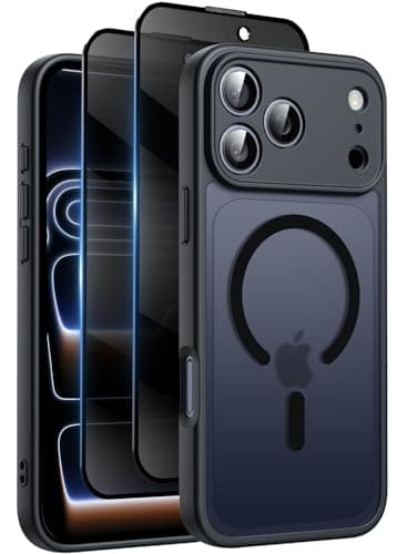 Qasyfanc Funda Magnética para iPhone 17 Pro MAX Compatible MagSafe con 2 Privacidad Cristal Templado Antiespia, Protección de Cámara Carcasa Translúcida Mate Trasera, Fina Antigolpes Negro