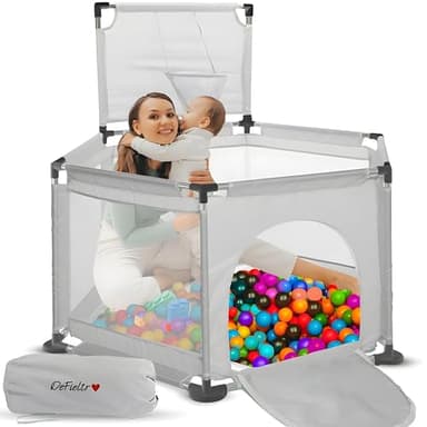 DeFieltro Parque Infantil Bebe Hexagonal ANTIDESLIZANTE 125x125cm – Corralito Bebe con Malla TRANSPIRABLE – Parque de Juegos Bebe Plegable con Puerta Lateral – Playpen Bebe - Corral para Bebes