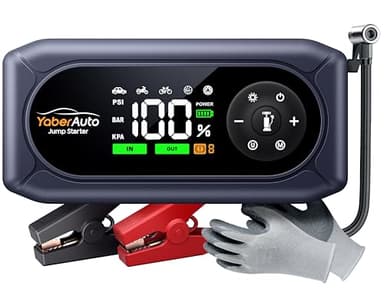 Arrancador de Baterias de Coche con Compresor de Air, 4500A YaberAuto Arrancador de Coche Portatil (9,0L Gas/8,0L Diesel) con 150PSI Inflador, Guantes Aislantes, Pantalla Grande y Linterna LED