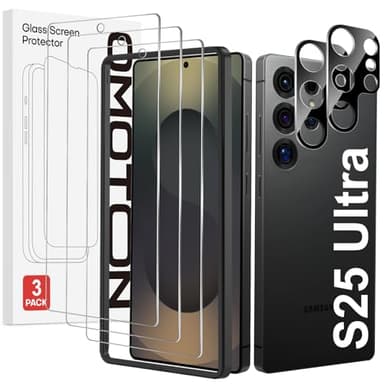 OMOTON Protector de pantalla para Samsung Galaxy S25 Ultra, 3 películas de vidrio templado + 2 protectores de lente de cámara para S25 Ultra, compatible con desbloqueo de huellas dactilares,