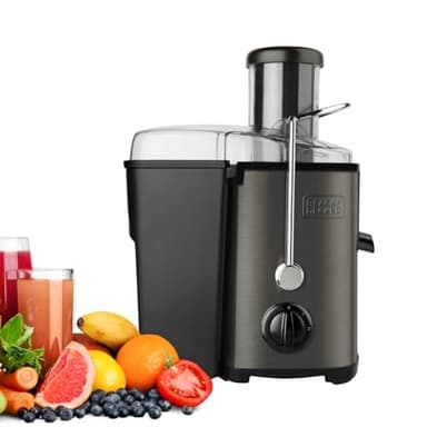 Black+Decker BXJE600E - Licuadora de 600 W para verduras y frutas, extractor de zumo en acero inoxidable, boca 62 mm, 2 velocidades, 2 depósitos para pulpa y zumo