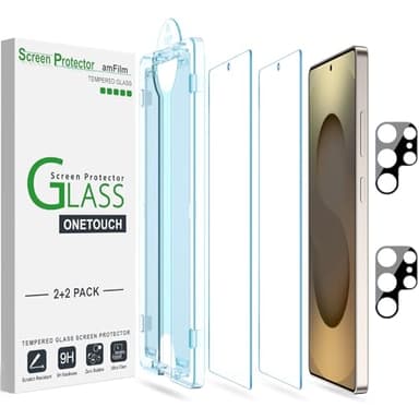 amFilm 2+2 Piezas OneTouch Protector de Pantalla para Samsung Galaxy S25 Ultra 5G, Dureza 9H con Protección de Lente de Cámara Fabricada en Cristal Templado, Fácil Instalación y Sin Burbujas