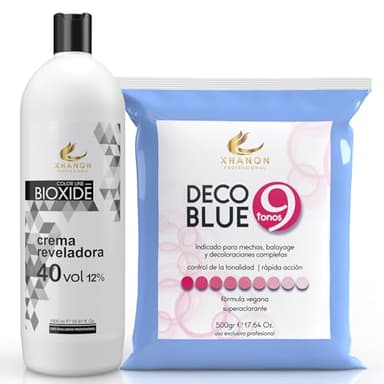 Pack Oxigenada en Crema 1000ml 40 Vol + Polvos Decolorantes de Cabello Azul 9 tonos 500gr | Fórmula Vegana | Superaclarante | Xhanon Professional