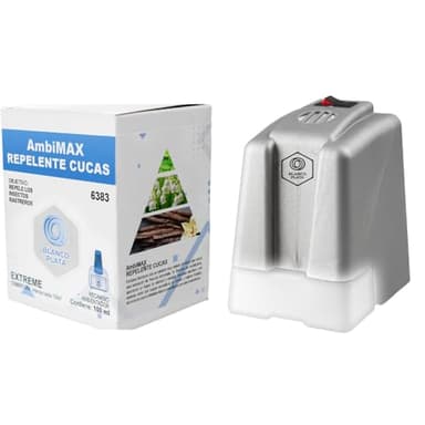 Ambimax Ambientador Cucas Ahuyenta cucarachas. Aroma eucalipto. Pack Aparato con luz led y 1 recambio. 30 días de duración 150m2 de cobertura. Bares, restaurantes, almacenes