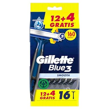 Gillette Blue3 Smooth Maquinillas De Afeitar Desechables Para Hombre, Pack De 12+4 GRATIS, Cuchillas De Afeitar De Tres Hojas Sensibles, Con Cabezal Pivotante 40° Y Banda Lubricante