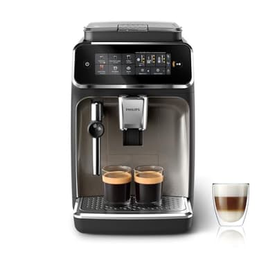 Philips Serie 3300 Cafetera Superautomática, Espumador de leche clásico, 5 tipos de café, SilentBrew, Molinillo Cerámico, pantalla táctil, cromo negro (EP3326/90)