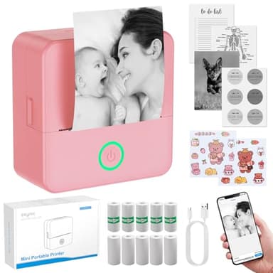 eSynic Mini Impresora para Movil, Impresora Fotográfica Portátil con 10 Rollos de Papel Mini Impresora Térmica Conexión Bluetooth Sin Tinta para Fotos, Diarios, Notas de Estudio