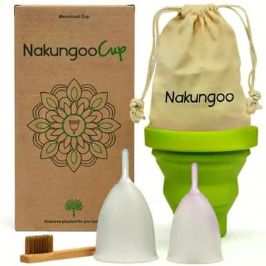 Nakungoo Cup Copa Menstrual Suave 100% Silicona Medica Certificada, Hipoalergenica, Reutilizable, Ecologica para Flujo Abundante | Starter Kit 2 Tallas (S y L) con Vaso Esterilizador, Bolsa y Cepillo