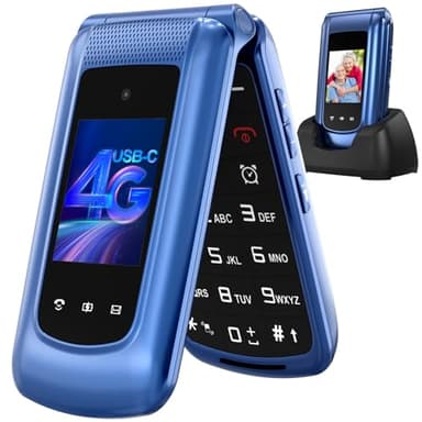 4G Telefono Movil para Mayores Libre con Teclas Grandes, Doble SIM Doble Pantalla LCD, Fácil De Usar Teléfono Móvil Personas Mayores con Botón SOS, Cable USB C, Batería 1000mah, Base Cargadora (Azul)
