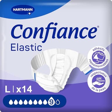 Confiance Cambios elásticos completos para hombres y mujeres - Nivel de absorción = 9 gotas (gran fuga urinaria) - pH neutro para la piel - Material suave - Talla L - 14 unidades