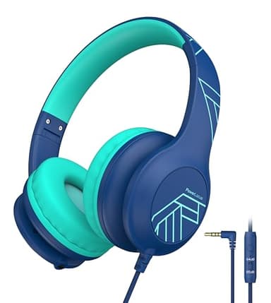 PowerLocus Auriculares para Niños, Cascos para Niños con Límite de Volumen Seguro de 85/94dB, Auriculares Infantiles con Cable, Micrófono Integrado, Plegable para iPad/Tabletas/Viajes (Azul)