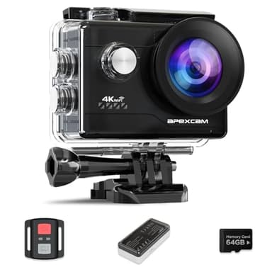 Apexcam Cámara Deportiva 4K60 EIS con Tarjeta de Memoria de 64GB WiFi Cámara subacuática Impermeable 40M Action Camera 170° Gran Angular 2.4G Remoto 2 baterías de 1350mAh y Accesorios Multiples