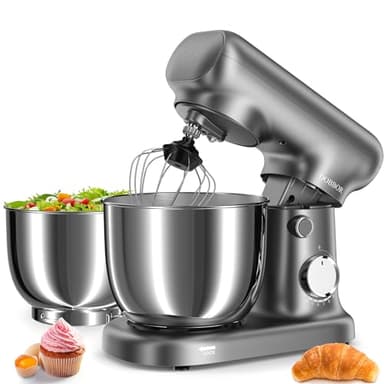 Batidora Amasadora Doble Bol De 2.5L+3L, Batidora EléCtrica De 10 Velocidades Y 1500w - Incluye Batidor De Huevos, Gancho Para Masa Y Batidor Plano Para ReposteríA Casera (Gris plata)