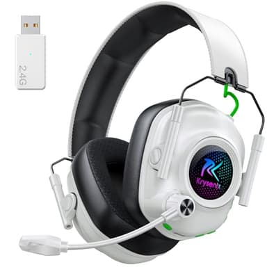 Krysenix 2,4 GHz Cascos Gaming Inalámbricos para PS5, PS4, PC, Mac, Switch, Auriculares Inalámbricos Bluetooth 5.4 con micrófono, Cancelación de Ruido, Duración 40Hr, Luz LED, Blanco Puro