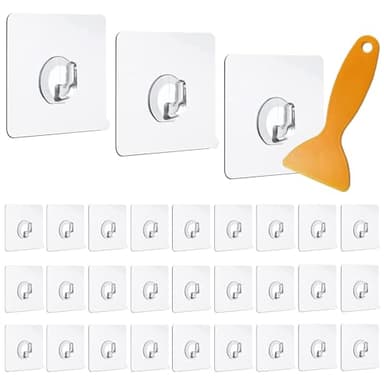 Diompirux 30 Piezas Ganchos Adhesivos Transparente, Carga máxima de 10 kg, Gancho Autoadhesivo Impermeabl Sin perforación, Ganchos para Colgar Ideal para Baño,Cocina y Salón, Para Colgar llaves