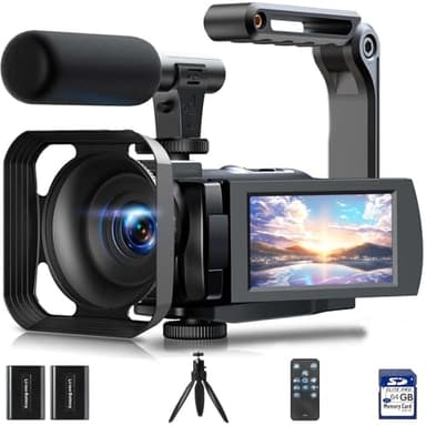 Cámara de Video 5K 56MP Camara Video Vlogging Camera, WiFi Visión Nocturna 3" 270° Pantalla táctil giratoria Video Camara con Tarjeta de 64GB, Micrófono, Estabilizador, Remoto, Baterías, Trípode