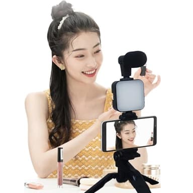 Kit de cámara de vlogging – Configuración para crear contenido de vídeo, equipo de película para smartphone | Diseño de micrófono de iluminación profesional, uso de grabación de podcasts, transmisión