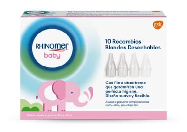 Rhinomer Baby Narhinel Confort, 10 Recambios Blandos Desechables Para Aspirador Nasal, Mejor Ajuste a la Nariz del Bebé, Con Filtro Absorbente de Mocos