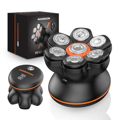 MAXGROOM Afeitadora Cabeza Hombre, Maquina Afeitar Hombre, Afeitadora para Calva en Seco y Húmedo, Batería de Larga Duración, 7 Cabezales, Magnético, 100% impermeable, Negro