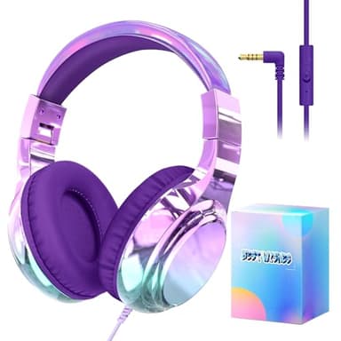 JYPS Auriculares para Niños, Auriculares Niña con Cable y Microfono, Ajustable Plegable Cascos Niña, 85/94dB Limitador Volumen, Cascos Infantiles Diadema para iPad/PC/Phone (Morado Oscuro)