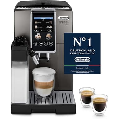 De'Longhi Dinamica Plus ECAM380.95.TB Cafetera Automática con LatteCrema Sistema de Leche, One-Touch Cappuccino, con 24 Recetas, Pantalla TFT a Color de 3.5 Pulgadas, 1450 W, Titanio/Negro