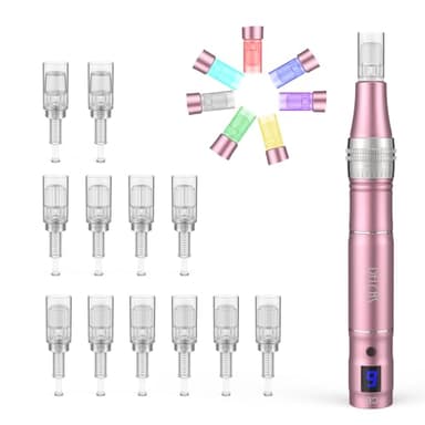 PELCAS 9 Velocidades Dermapen 7 Luces Dermapen Profesional con Pantalla LCD Tipo C Recargable Derma Pen para el Cuidado de la Piel con 12 Cartuchos de Repuesto
