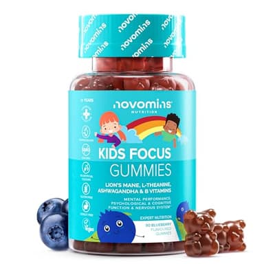 Gominolas para la Concentración para Niños – 30 Gominolas – con Ashwagandha, Melena de León, Vitamina B12, B6 y L Teanina – Nootrópicos Memoria y la Concentración – Sin Gluten y Veganas – Novomins