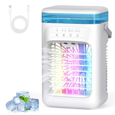 SWGOTA Aire Acondicionado Portatil Mini, 5 en 1 Enfriador de Aire Pequeño, Tanque de 1000m, 3 Velocidades, 2 Nebulización, 2-4H Cronometrado, 7 LED Ventilador Refrigerador para Dormitorio Oficina