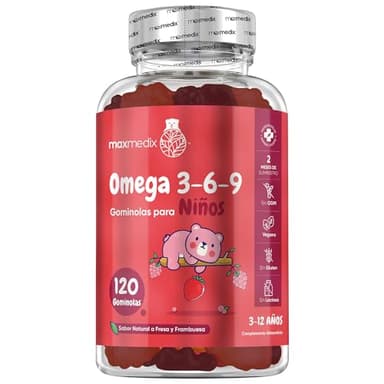 Gominolas de Omega 3 6 9 para Niños 336mg - 120 Unidades Sabor Fresa y Frambuesa | 2 Meses de Suministro | Omega 3 para Niños de 3 a 12 Años - Gominolas Veganas, Sin Lactosa y Sin Gluten, Omega Kids