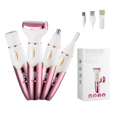 Afeitadora Eléctrica para Mujer, 4 en 1 Kit Afeitadora Electrica para Cara, Cuerpo, Cejas y Zonas Íntimas, Indoloro Depiladora Mujer Uso en seco y Húmedo, resistente al agua y recargable