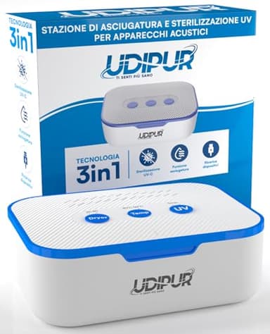 Udipur estación multifunción 3en1 con esterilización UV secado y carga para audífonos USB tipo C temperatura regulable hasta 50°C - 110x90x40mm