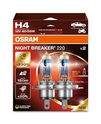 OSRAM NIGHT BREAKER 220, H4, 220% más brillo, lámpara de faro halógeno, 64193NB220-2HB, Caja plegable (2 lámparas)