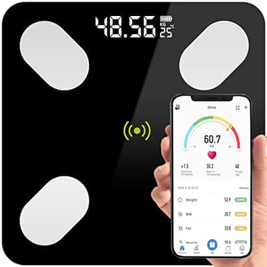 Retoo Bascula de Baño Digital, Inteligente Báscula Grasa Corporal, Bluetooth, 26 x 26 cm 180 kg, Precisión Con Pantalla Iluminada, Sincronización de App, IMC, Grasa Corporal y Muscular, Negro