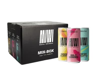 MIWI Mix Box Kombucha Sin Azúcar, 12 Latas, 3 Sabores: Mojito Fresco, Jengibre y Limón, Frutos Silvestres